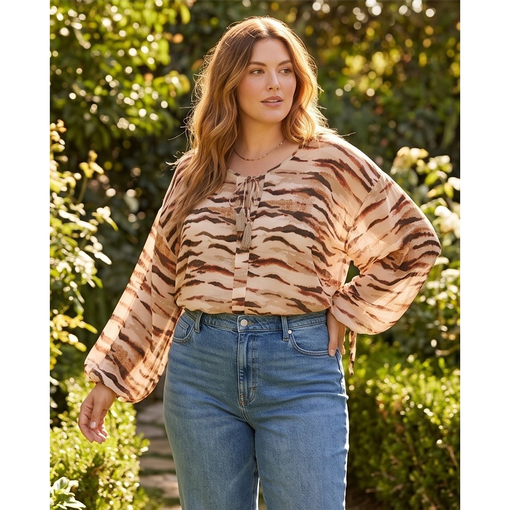 Lane Bryant 14/16 Tiger Print Chiffon Tassel Tie Blouse Brown Tan Orange XL